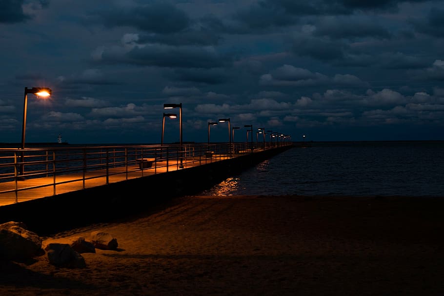 pier, ocean, sunset, landscape, sea, coast, dusk, twilight, evening, silhouettes