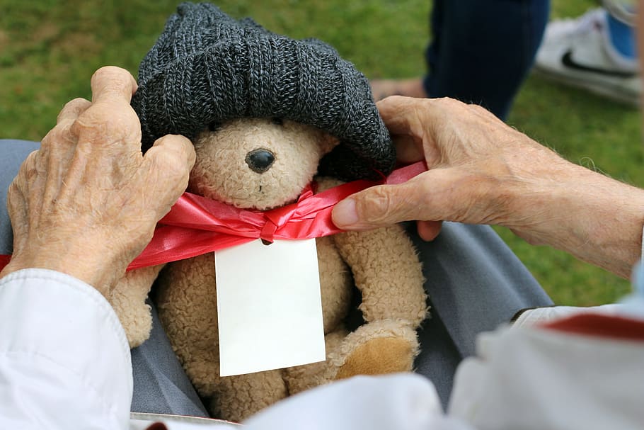 person, carrying, brown, bear, plush, toy, grandparent, grandfather, teddy, teddy bear
