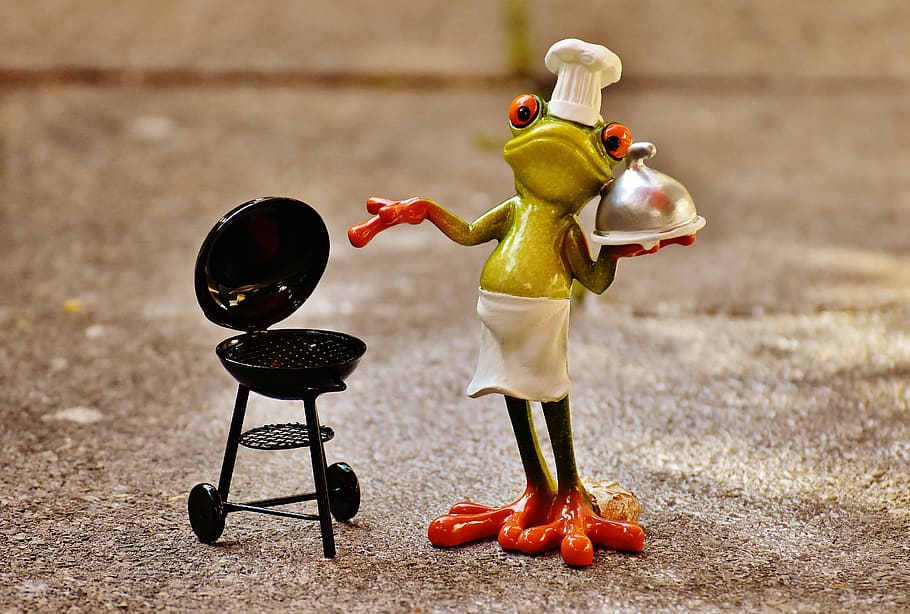 estatueta de chef sapo, sapo, cozinhar, grelha, figura, engraçado, churrasco, chapéu de chef, representação, brinquedo