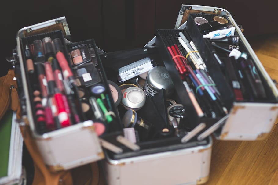 adult, assorted, makeup items, train case, makeup, items, train, case, make up, make-up