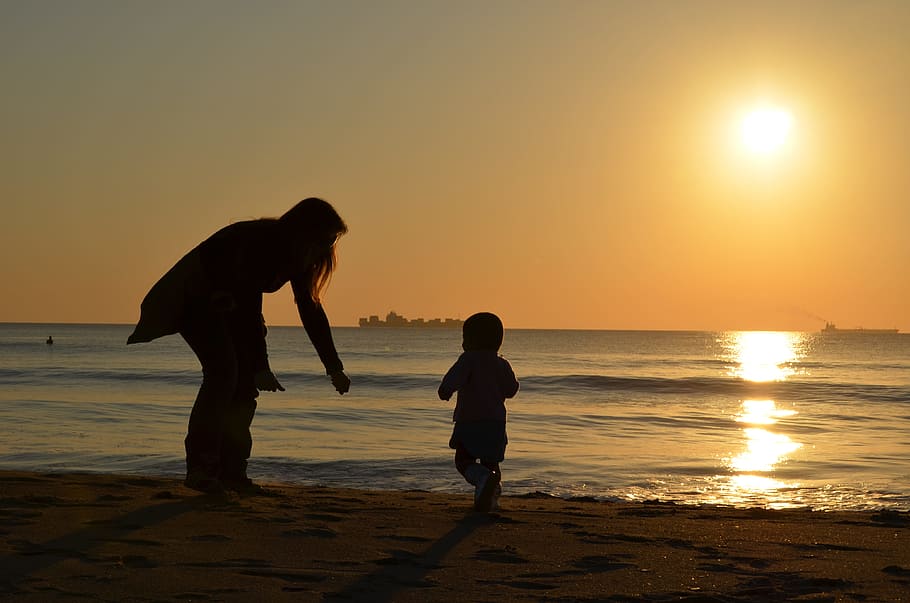 silhouette photo, child, running, towards, mother, seashore, daughter, children, sunset, sky