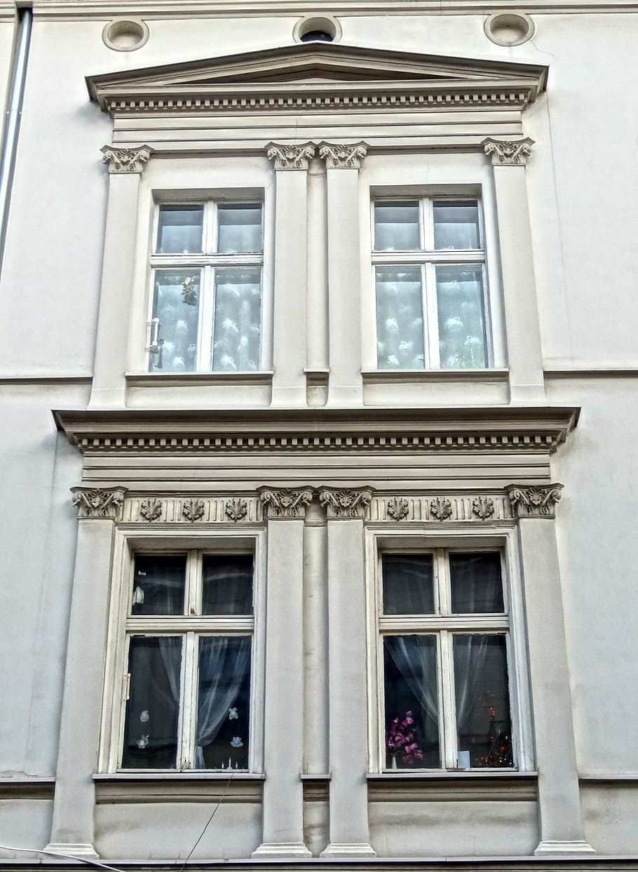 bydgoszcz, pilasters, architecture, window, facade, building, structure, building Exterior, built structure, low angle view