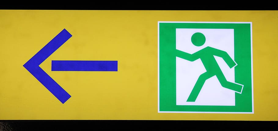 Emergency Exit, Escape Route, Rescue, door, emergency, brand, disaster, way out, yellow, blue