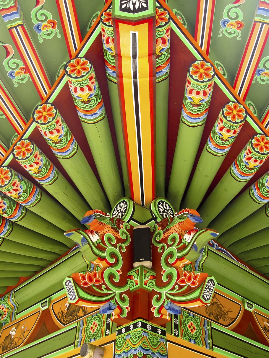 korea, south korea, temple, buddhism, temple roof, ornament, decoration, traditional, multi colored, pattern
