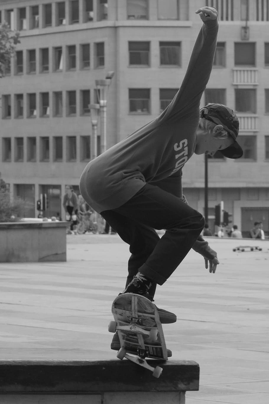 grayscale photography, boy, skate, boarding, skating, sports, people, skateboard, man, pet