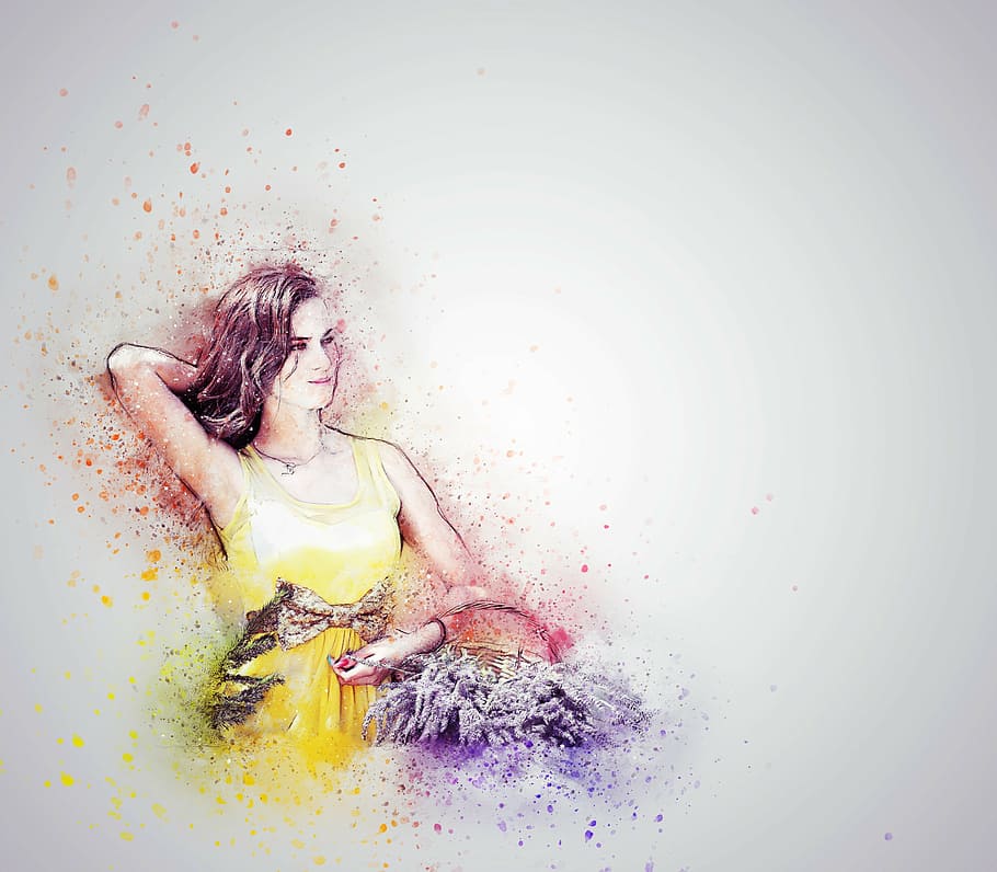 woman, yellow, sleeveless dress painting, girl, flowers, lavender, basket, art, abstract, fashion