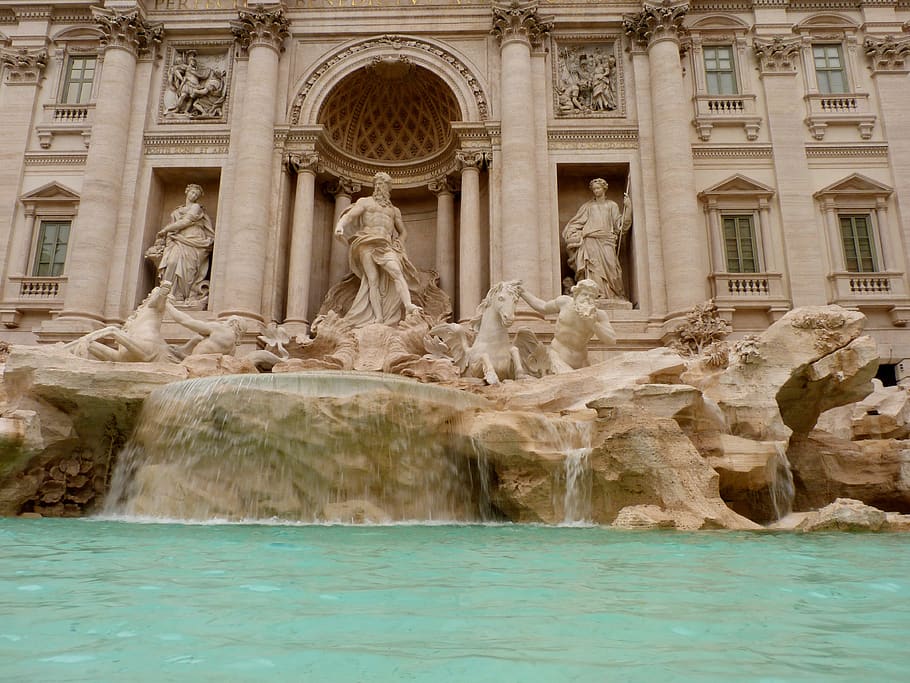 travel, architecture, fountain, tourism, trevi, rome, italy, water, monument, sculpture