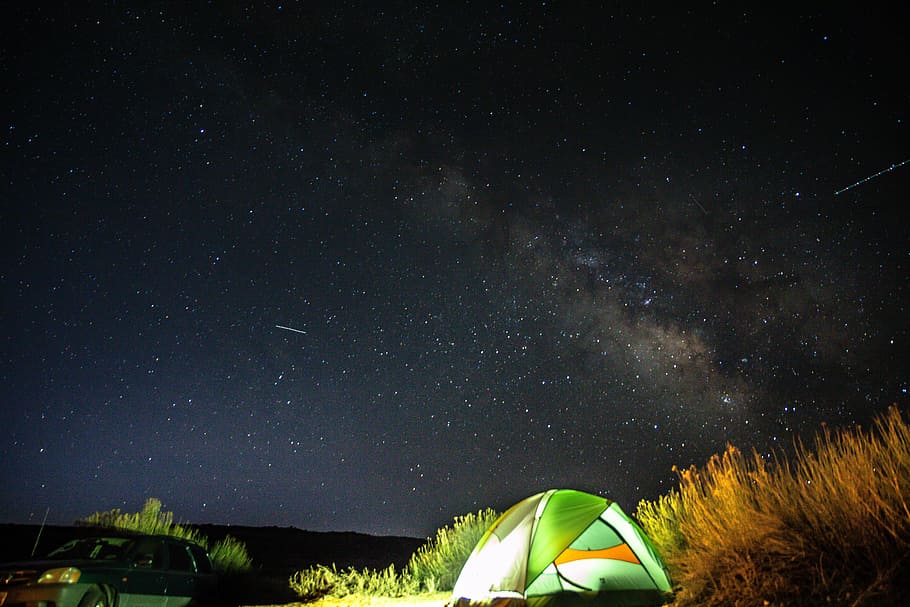 green, tent, night sky, sky, cloud, night, stars, galaxy, grass, camping