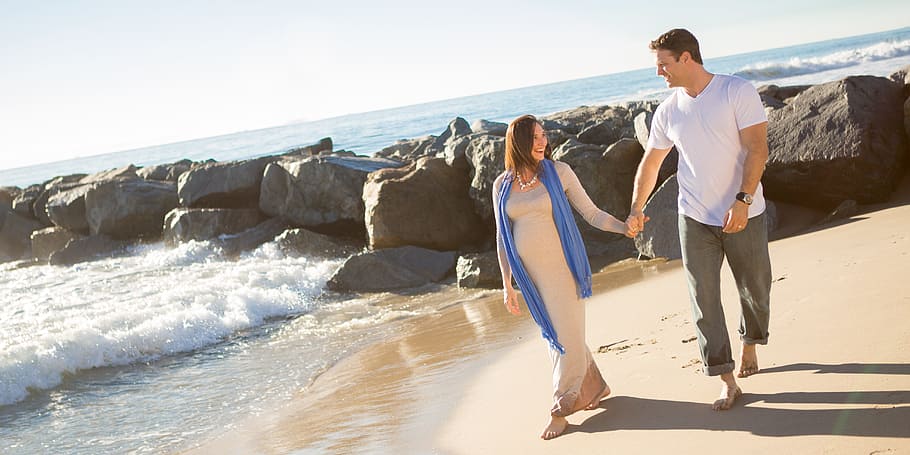 man, woman, holding, hand, day time, man and woman, shore, daytime, pregnant, beach