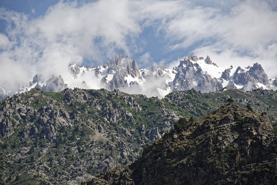 tajikistan, hissargebirge, hissar, mountains, summit, landscape, nature, snow, sky, clouds