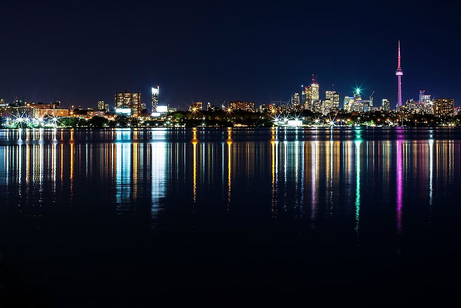 canada, high-rise, buildings, body, water, night time, city, escape, view, urban