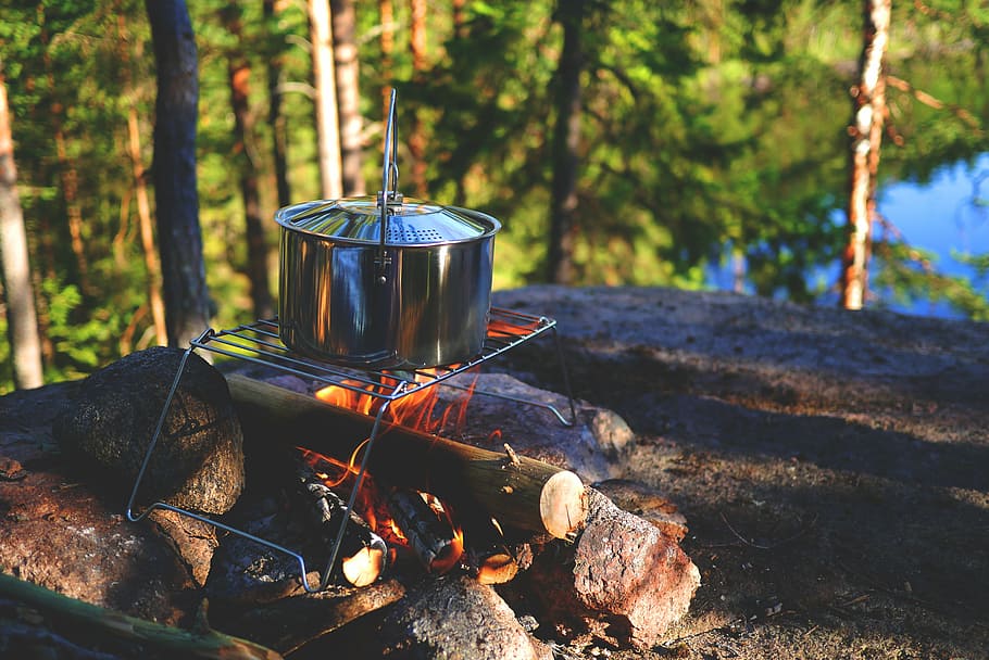stock pot, fire, campfire, stock, outdoor, pot, fireplace, camp, wilderness, tent camp