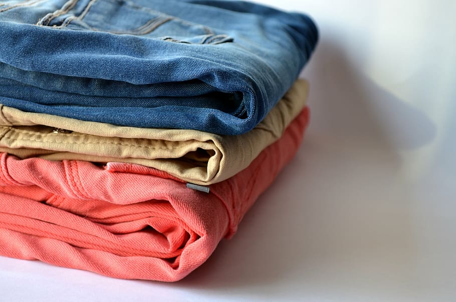 three, pairs, folded, bottoms, pants, laundry, clothing, clothes, textile, garment