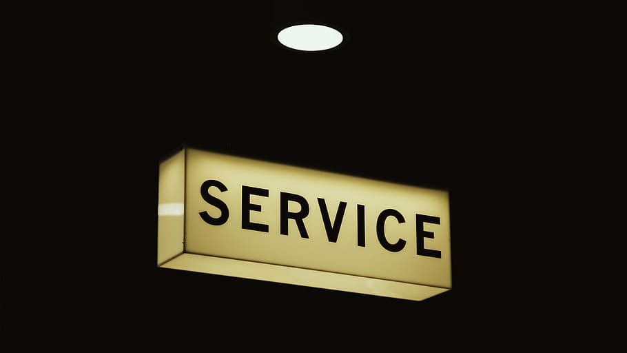 turned-on service signage, white, service, signage, still, items, things, light, sign, communication