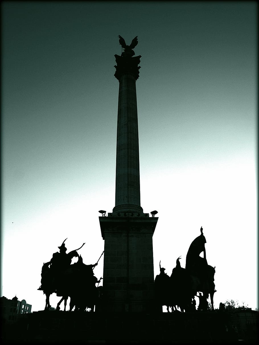 Budapest, el arcángel, silueta, monumento, capital, plaza de los héroes, estatua, cielo, arquitectura, filtro de auto producción
