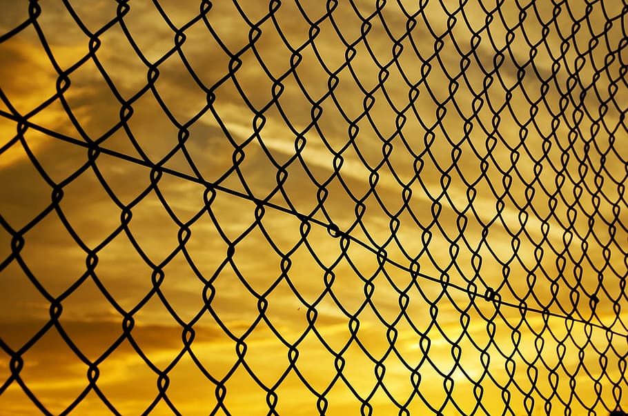 grey, steel chain fences, sunset, background, fence, mesh, iron, evening, orange, red