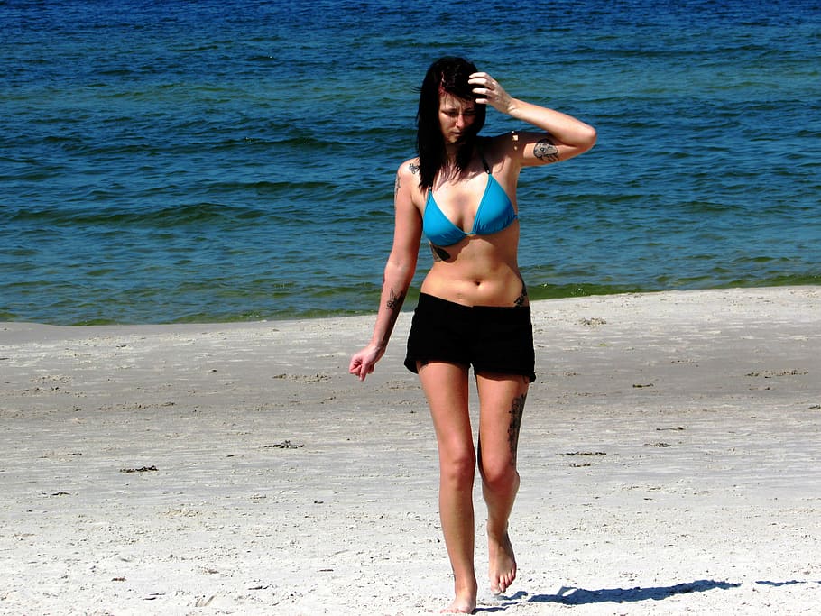 woman, standing, beach, girl, young, sea, sand, sunbath, beauty, happy