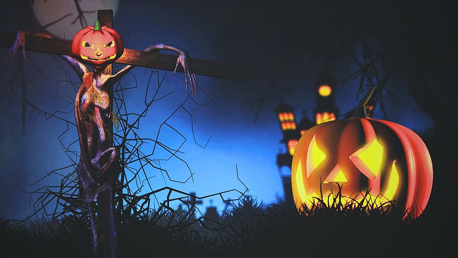 halloween-themed illustration, halloween, pumpkin, dark, art, fantasy, artistic, grass, black, blue