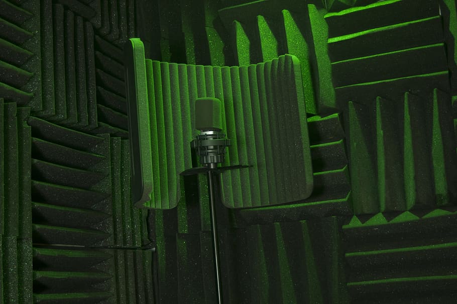 microphone, mic, music equipment, recording booth, studio, lighting, green, green color, close-up, day