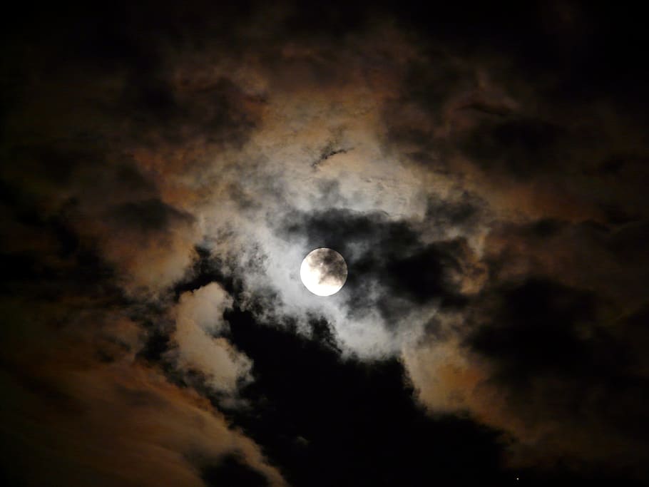 moon, covered, clouds, moonlight, pale, night, darkness, gloomy, scary, creepy