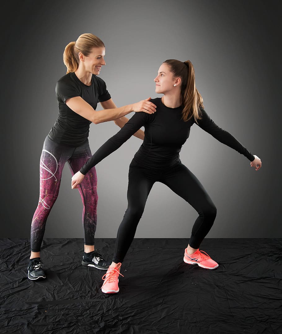 two, women, wearing, tights, exercise, kettlebell, fitness, crossfit, fit, training