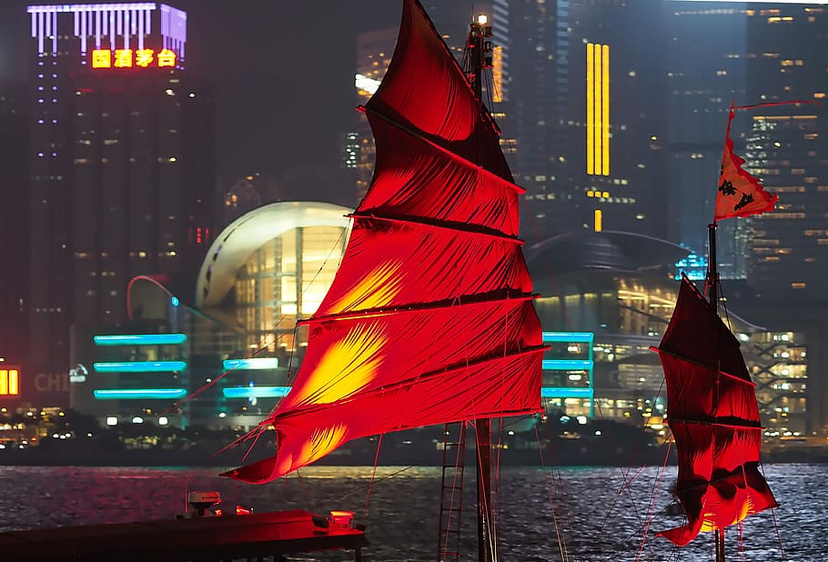 Hong Kong, Port, Asia, Kota Besar, Boot, foto malam, cahaya lampu, lampu, kegelapan, air