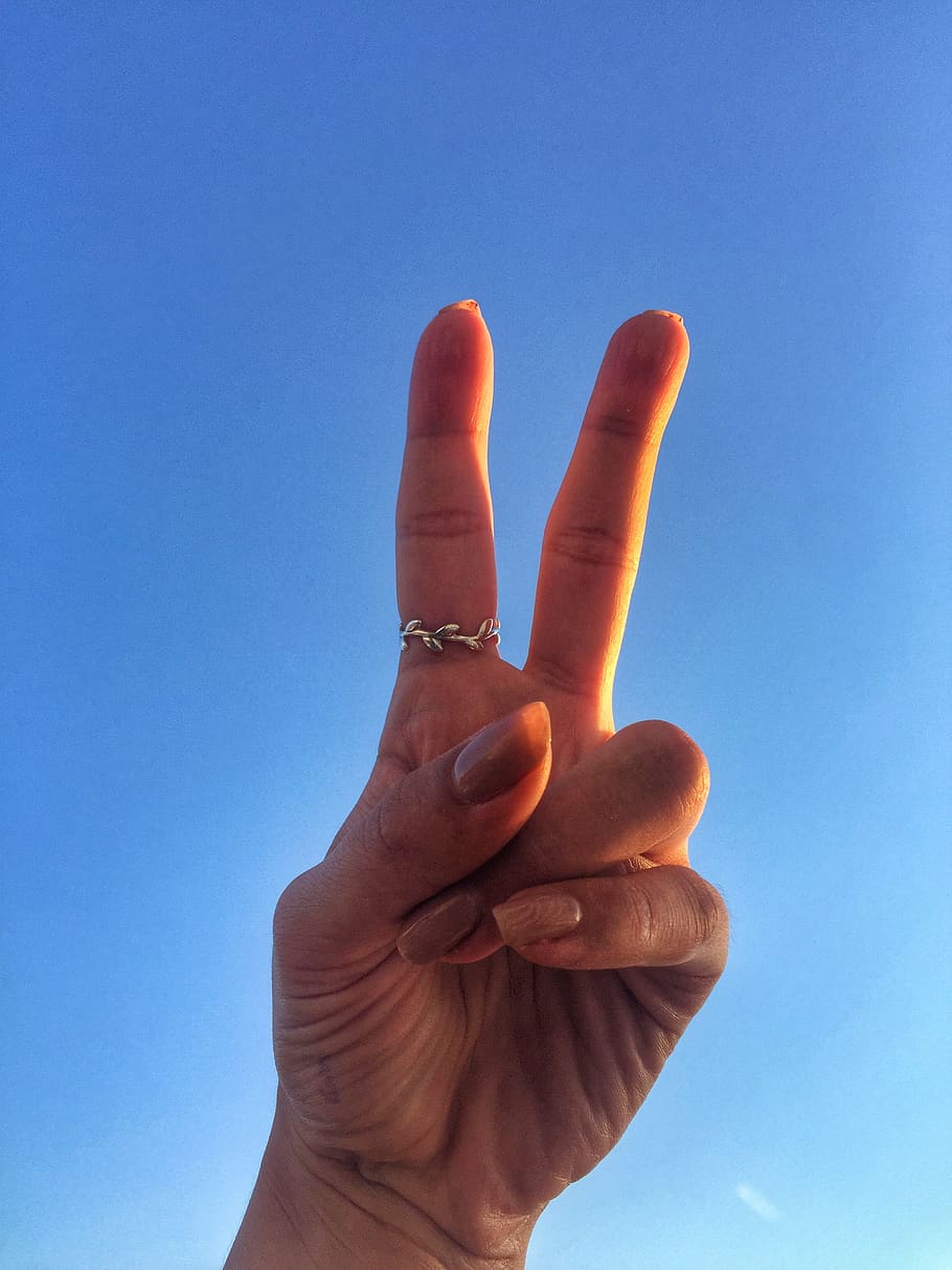 Hand, Female, Gesture, Peace, Ring, blue, sky, human Hand, human Finger, gesturing