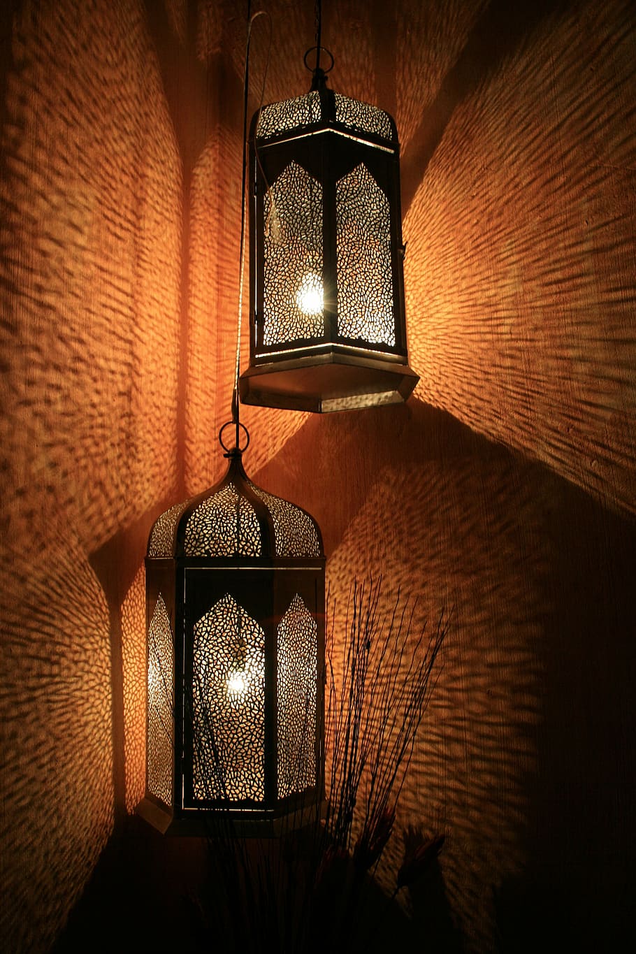 two, turned, candle lanterns, lanterns, lamps, decorative, diffused light, reflecting light, interior, wall