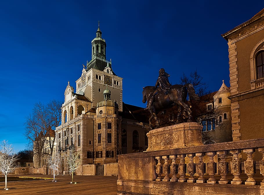 white, brown, concrete, structure, National Museum, Munich, Bavaria, night photograph, isar, germany