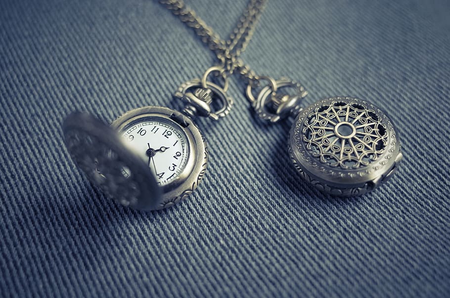 pocket, watch, reads, 1:25, locket, pendant, necklace, indoors, chain, close-up