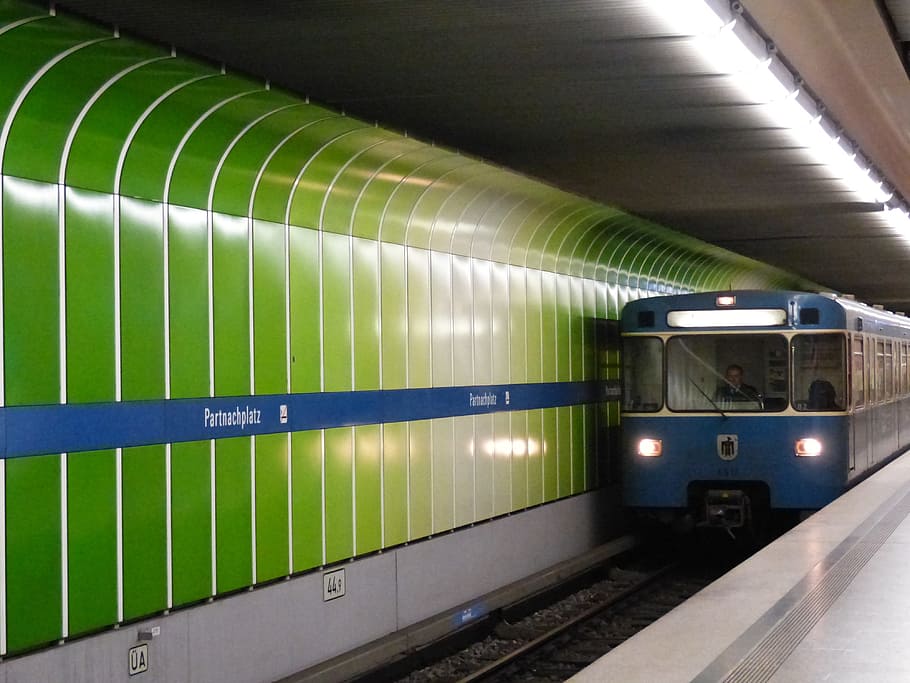 blue train, rapid transit tube, subway, underground railway, metro, tracks, transportation, interior, train station, munich