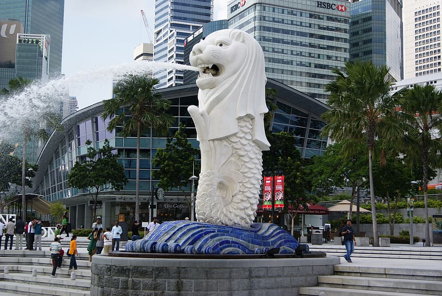 merlion statue, singapore, architecture, symbol, fountain, lion head, fish body, cityscape, outdoors, famous