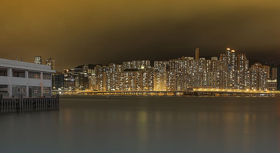 hong kong, kowloon, city, landscape, building exterior, architecture, illuminated, built structure, building, night