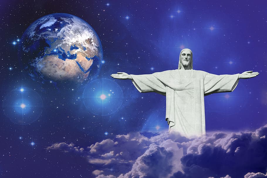 christ, redeemer illustration, jesus, jesus christ, earth, sky, clouds, faith, religion, christianity