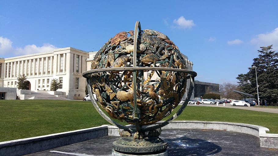 un, united nations, geneva, the league of nations palace, architecture, art and craft, sky, sculpture, day, fountain