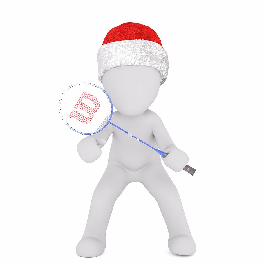 person, holding, blue, wilson badminton racket, graphic, white male, isolated, 3d model, christmas, santa hat