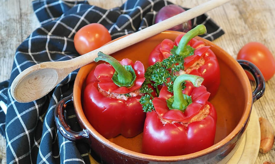 three, red, bell peppers, bowl, wooden, spoon, table, peppers, papria, prepare