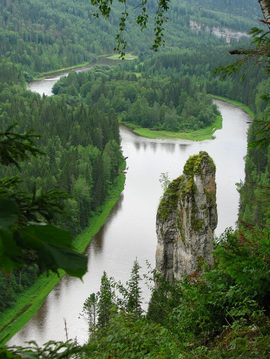 osvenskii posts, r, usva, perm krai, river, sky, nature, landscape, island, forest