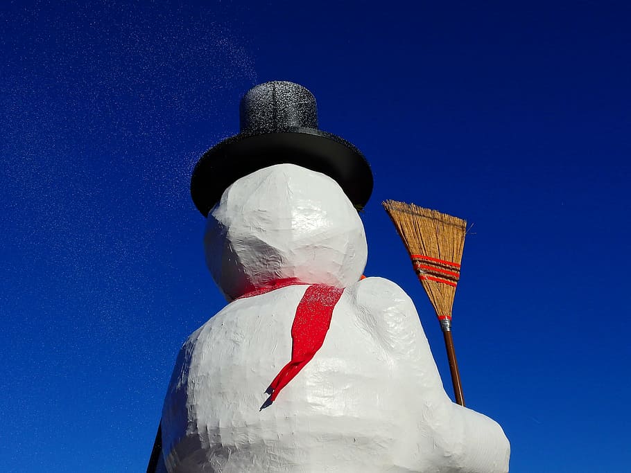 carnival, move, snow man, motivational dare, motif, papier-mâché, blue, sky, hat, low angle view