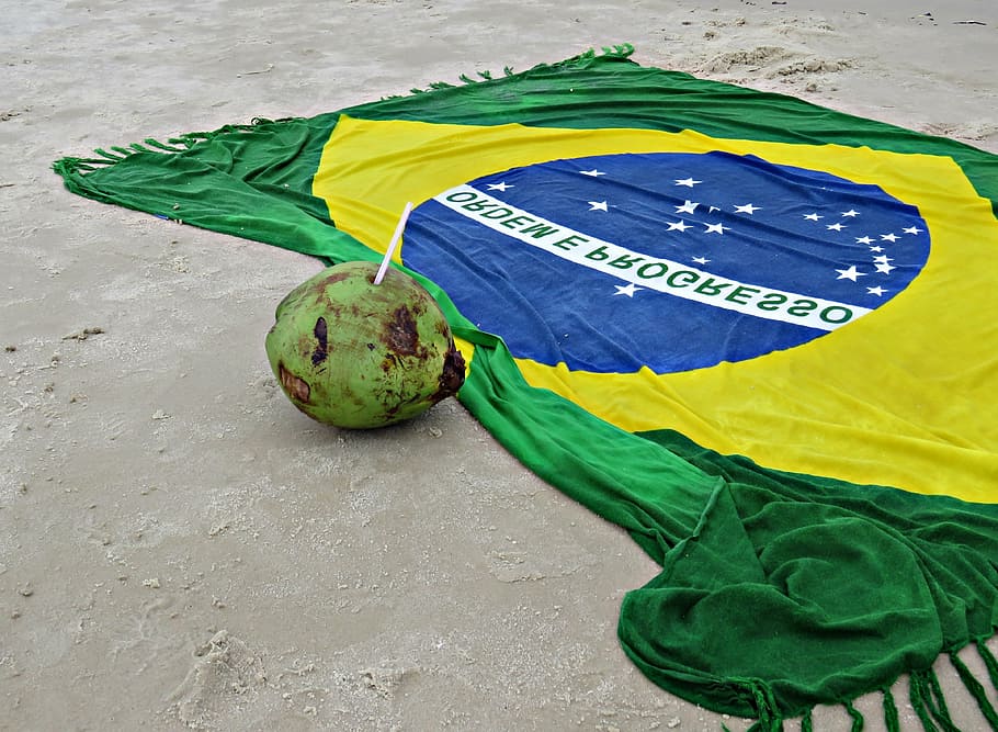 brazil, beach, coconut water, flag, sand, coco, flag of brazil, green color, food, food and drink