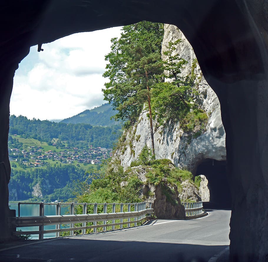 Suiza, Thun, el camino de la costa norte, Interlaken - Thun, roca, túnel, serpentina, viaje, árbol, naturaleza