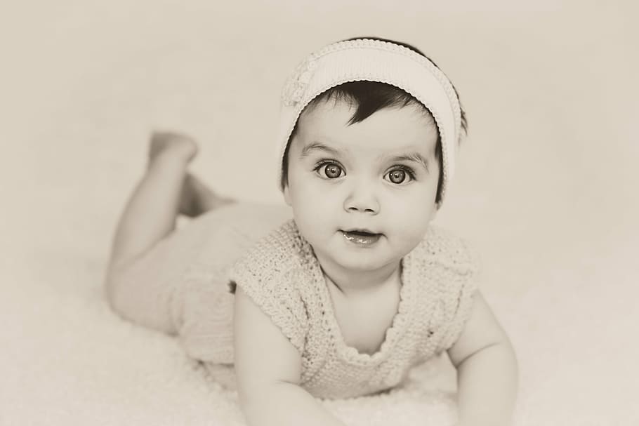 bebê, postura, branco, superfície, menina, faixa de cabelo, vestido, sépia, criança, bonito