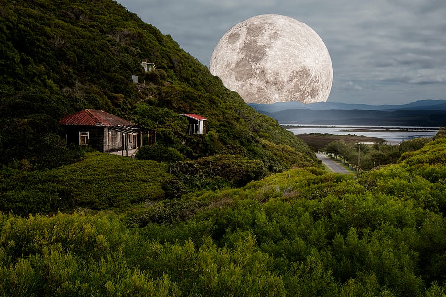 house, cliff, moon, distance, daytime, supermoon, full moon, moonlight, night, lunar