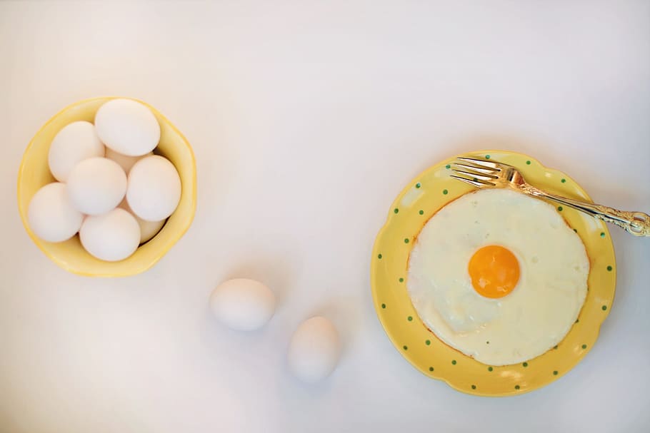 солнечный, сторона, плита, жареные яйца, завтрак, яйца, желтый, белок, еда, копирование