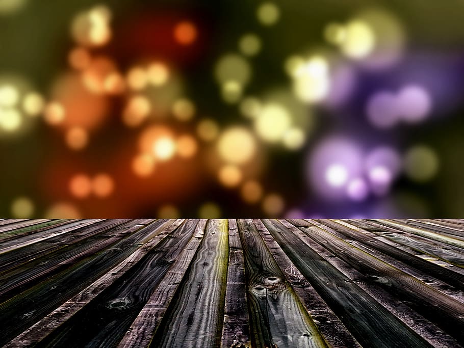 multicolored bokeh photography, bokeh, decking, background, deck, table, plank, wooden, tabletop, empty