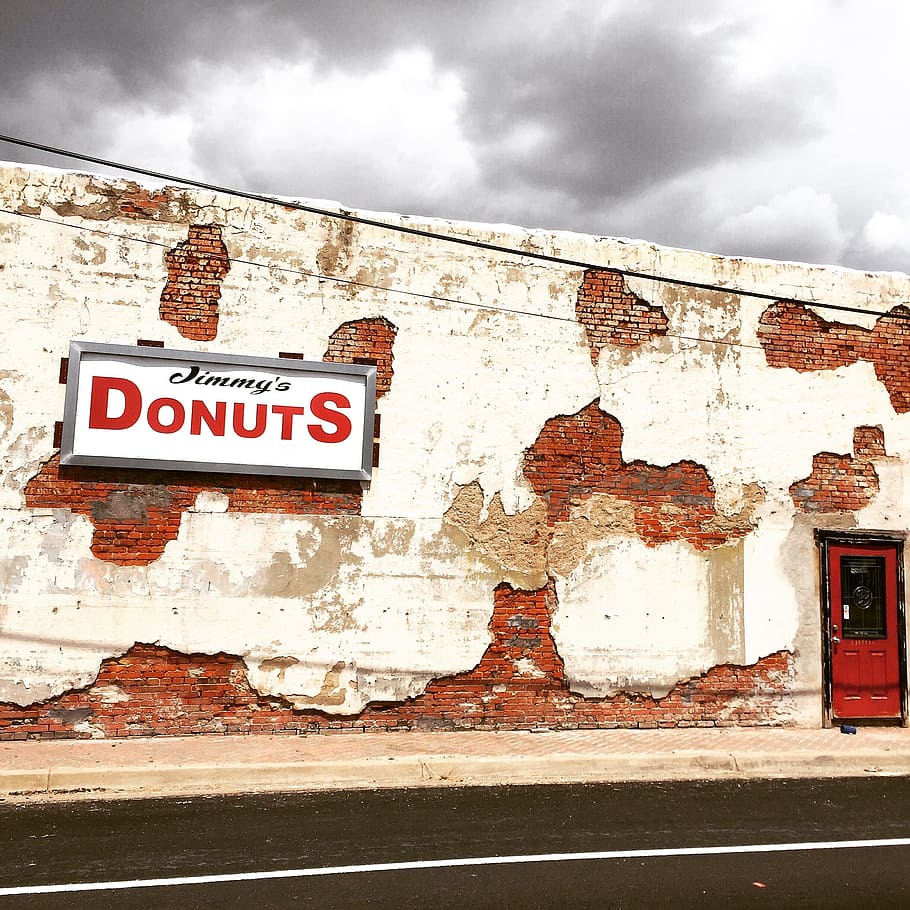 Coffee, Donuts, Texas, Royse City, doughnut, pastry, shop, red door, old building, cloud - sky