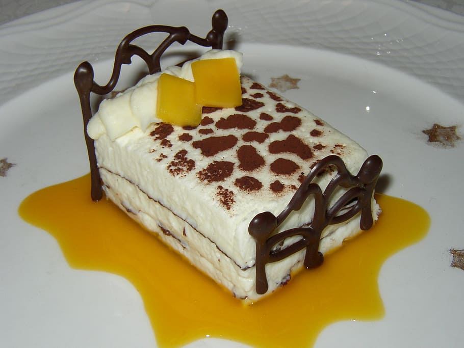 dessert, ceramic, plate, white chocolate mousse, mango, sweet, cake, gourmet, snack, restaurant
