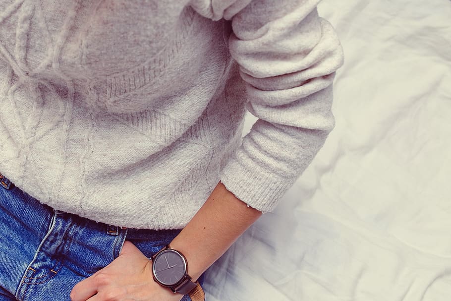 clothes, fashion, sweater, watch, jeans, people, one person, bed, indoors, casual clothing