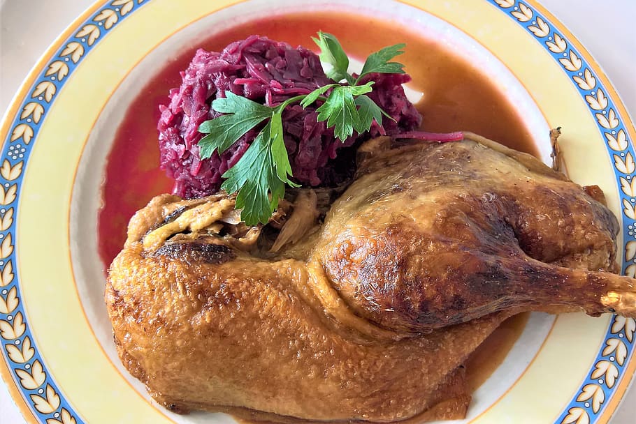 roast duck, half duck, poultry, meat, meal, eat, bird, animal, lunch, red cabbage