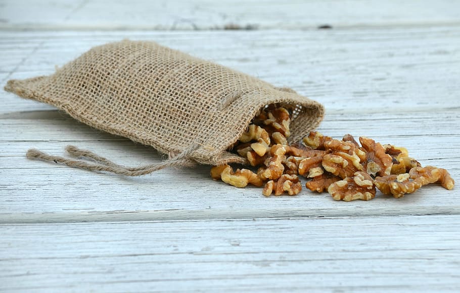 brown, drawstring pouch, gray, wooden, surface, food, walnut, snack, healthy, nutrition